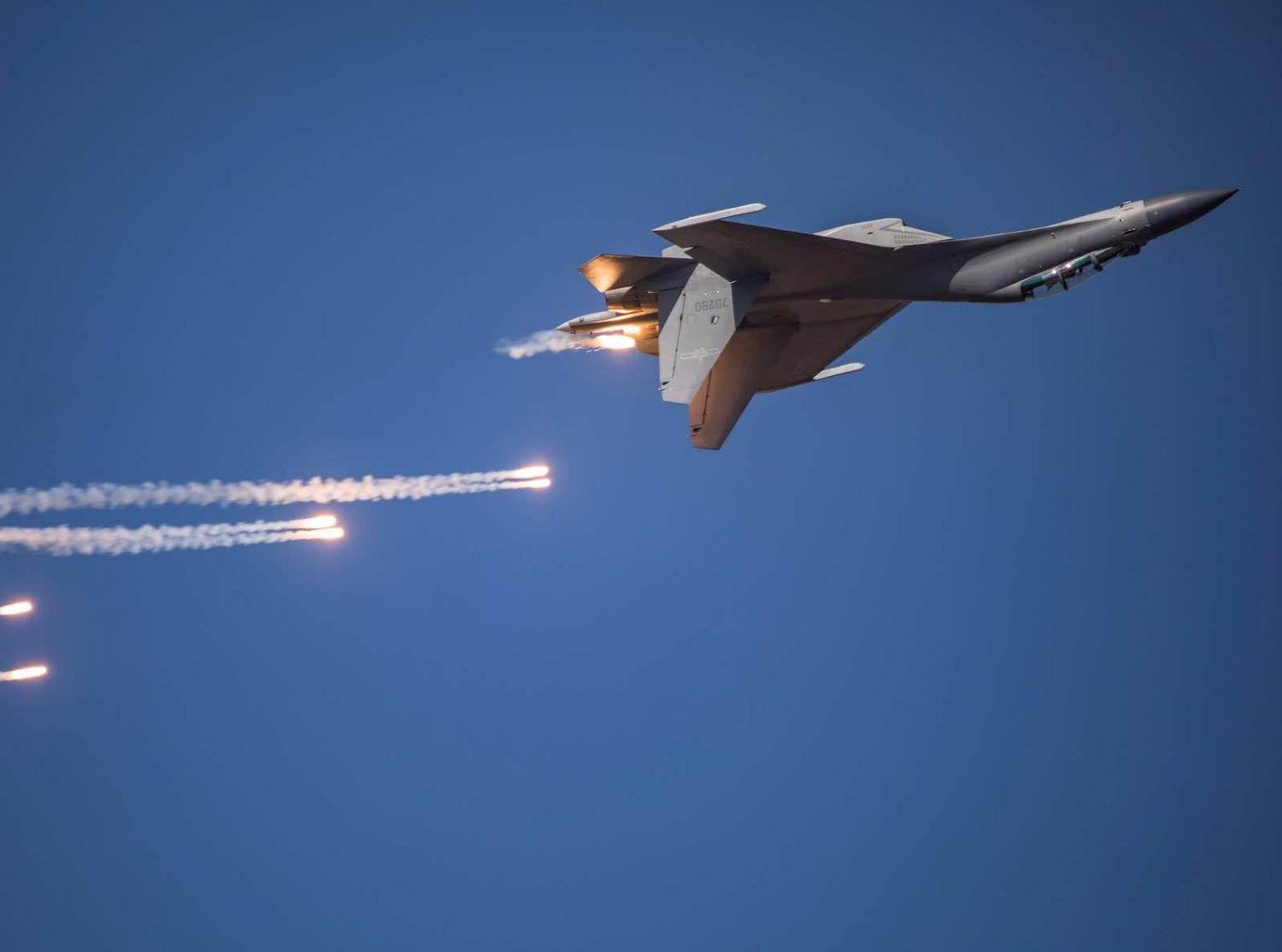 A J-16 fighter jet performing in 2019 during the Chinese People's Liberation Army Air Force Aviation Open Day in Changchun. J-16 aircraft have recently been reported for incursions into Taiwan’s Air Defence Identification Zone (STR/AFP via Getty Images)